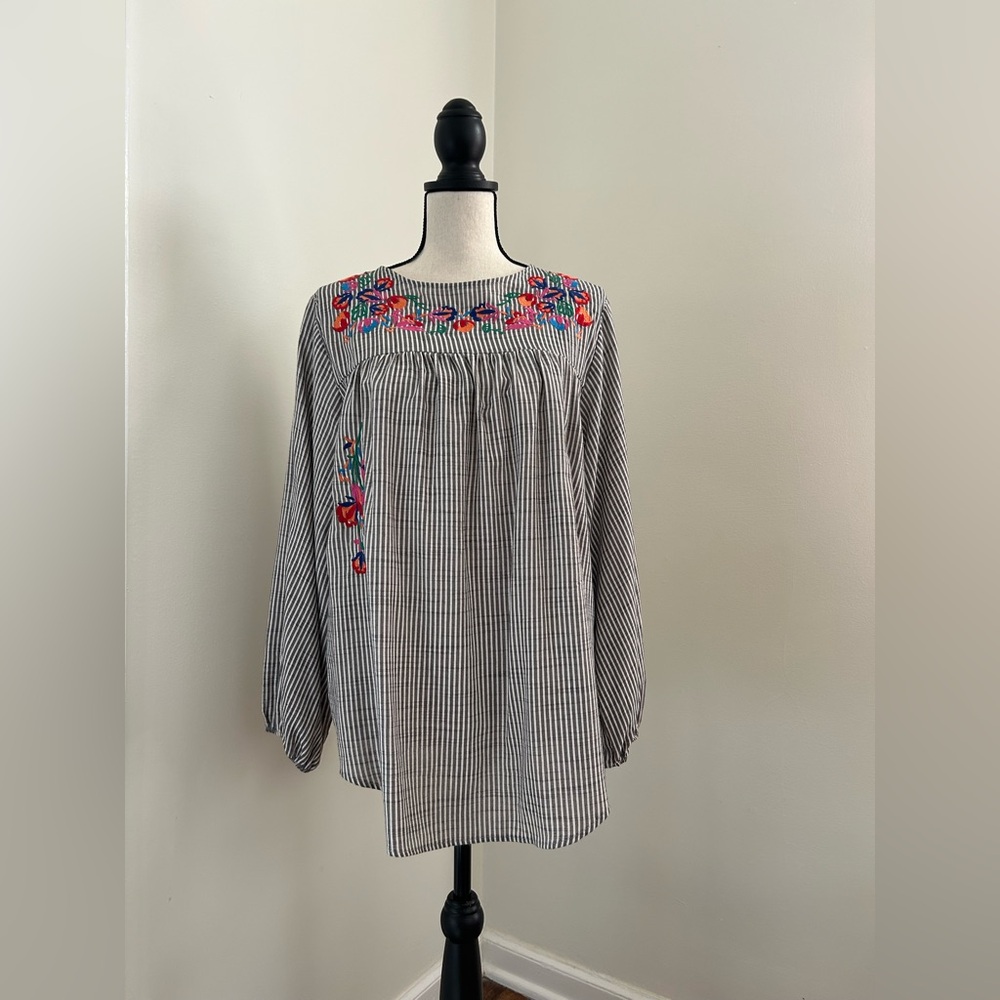 JODIFL Black and White Striped Blouse with Colorful Embroidery